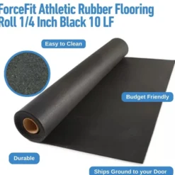 ForceFit Athletic Rubber Flooring Roll 1/4 Inch Black 10 LF