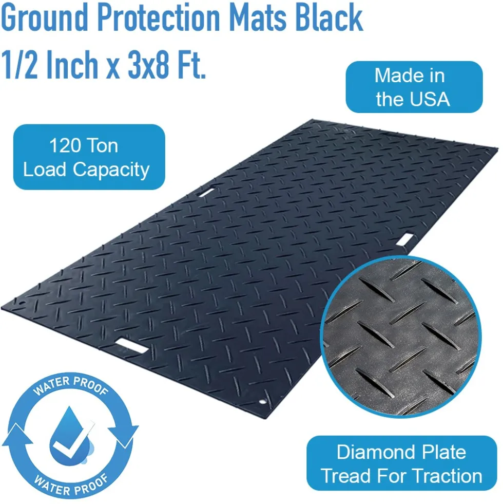 Ground Protection Mats Black 1/2 Inch x 3x8 Ft. Diamond/Smooth